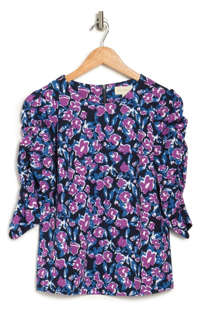 Shop Melloday Floral Print Ruched Sleeve Blouse In Black/ Purple
