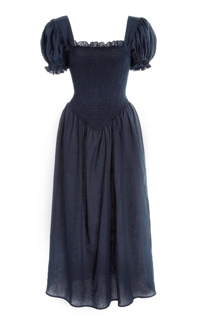 Sleeper Brigitte Belted Linen Midi Dress In Navy