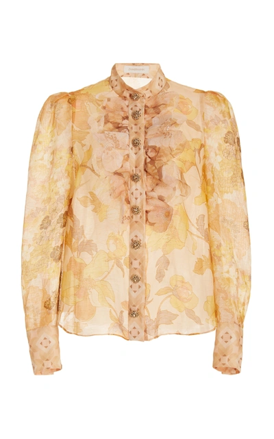 Shop Zimmermann Women's Tempo Crystal-embellished Ruffled Floral Silk Shirt In Gold