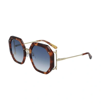 Shop Ferragamo Blue Gradient Geometric Ladies Sunglasses Sf940s 214 54 In Blue,gold Tone,tortoise