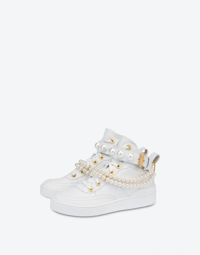 Shop Moschino Pearls Calfskin High Sneakers In White