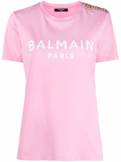 Shop Balmain Button-detail Logo Print T-shirt In 粉色