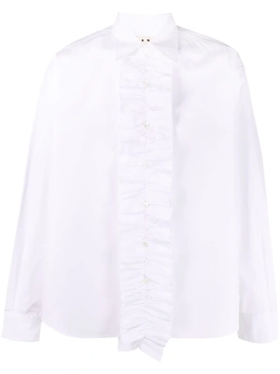 Shop Marni Frill-detail Long-sleeve Shirt In 白色