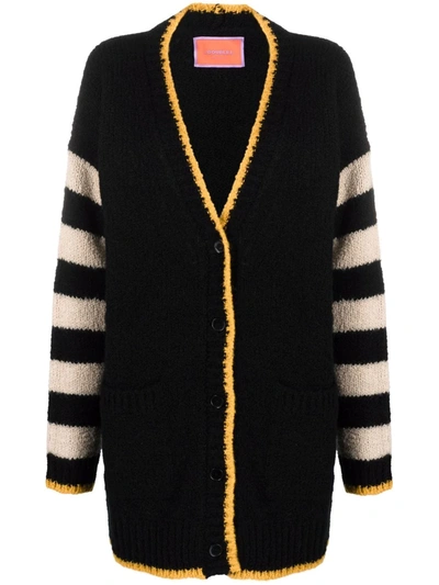 Shop La Doublej Striped-sleeve Long Wool Cardigan In 黑色