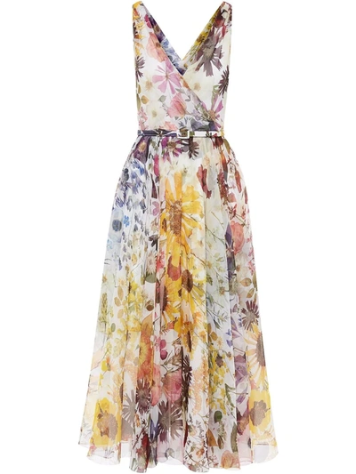 Shop Oscar De La Renta Floral-print Silk Midi Dress In 白色
