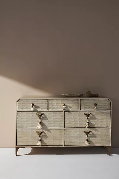 Shop Anthropologie Zagora Tasseled Seven-drawer Dresser In Grey