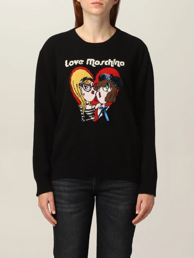 Shop Love Moschino Sweater Crewneck With Jacquard Heart In Black