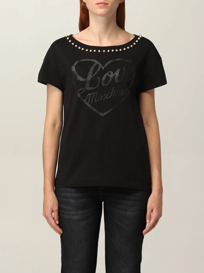 Shop Love Moschino T-shirt Half Sleeve Crew Neck With Glitter Logo Print And Pearls In Black