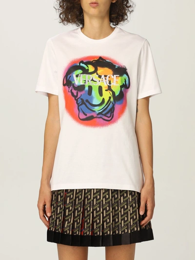 Shop Versace T-shirt  Cotton T-shirt Featuring Medusa Smiley And Logo In White