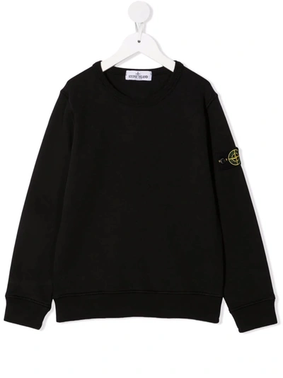 Shop Stone Island Junior Kids Black Round-neck Sweatshirt With Logo Patch