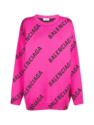 Shop Balenciaga L/s Crewneck Logo All Over In Pink Black