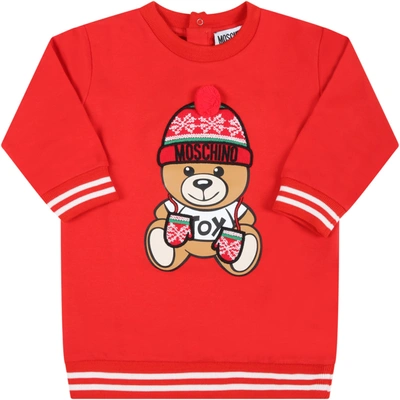 Shop Moschino Red Dress For Baby Girl With Teddy Bear