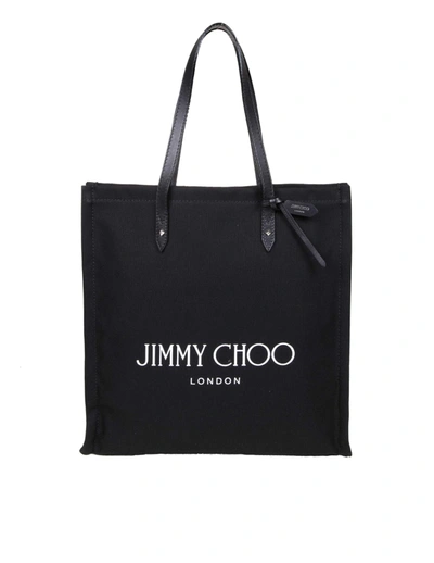 Shop Jimmy Choo Shopping Bag In Natural Canvas With Leather Handles In Black