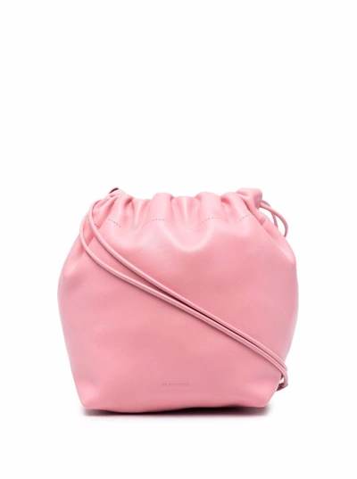 Shop Jil Sander Pink Leather Crossbody Bucket Bag With Drawstring
