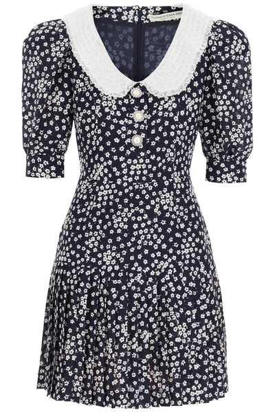 Shop Alessandra Rich Mini Dress With Lace Collar And Jewel Buttons In Blue Navy White (blue)