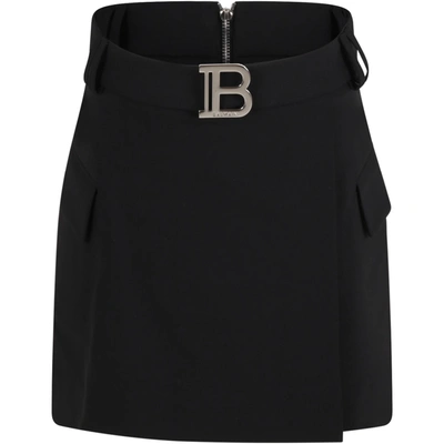 Shop Balmain Black Skirt For Girl With Patch Logo