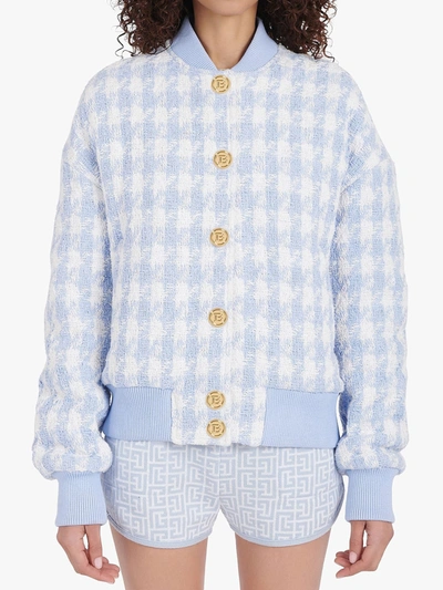 Shop Balmain Houndstooth Tweed Bomber Jacket In Light Blue