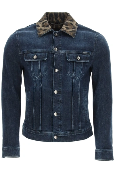 Shop Dolce & Gabbana Denim Jacket With Leopard Motif In Variante Abbinata (blue)