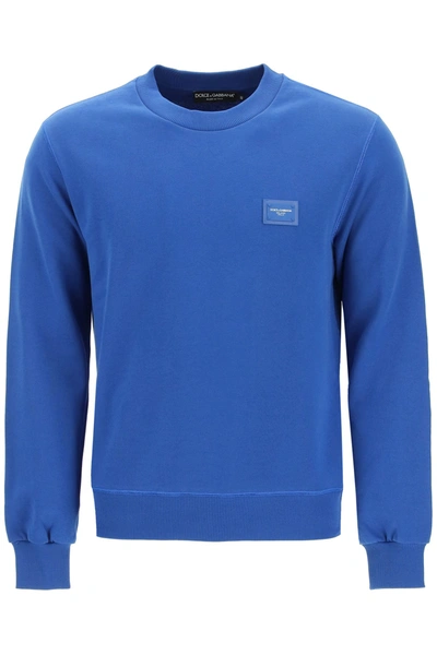 Shop Dolce & Gabbana Sweatshirt With Logo Plaque In Bluette Scuro (blue)