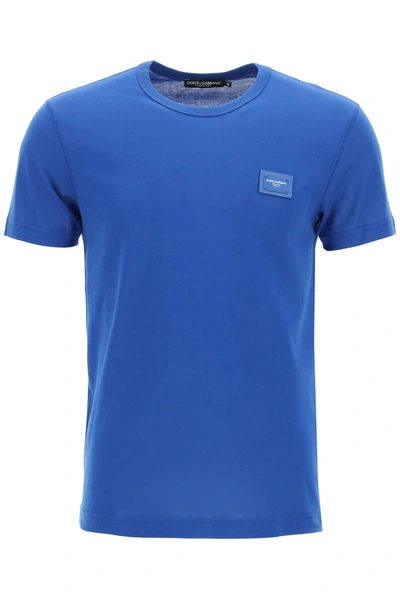 Shop Dolce & Gabbana Cotton T-shirt With Logo Plaque In Bluette Scuro (blue)