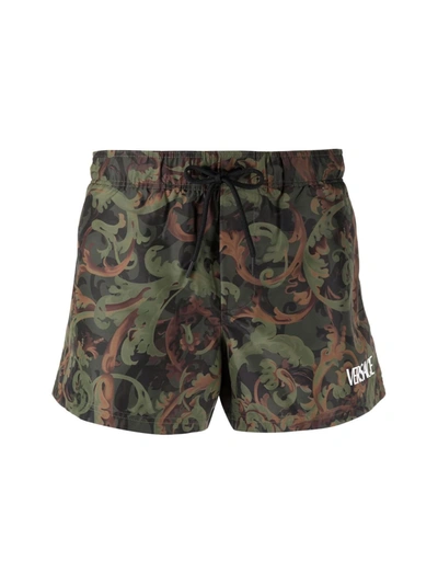 Shop Versace Baroque Printing Shorts Swimwear In Military Green Printing