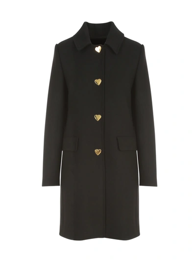 Shop Love Moschino Single Breasted Coat W/heart Buttons In Black