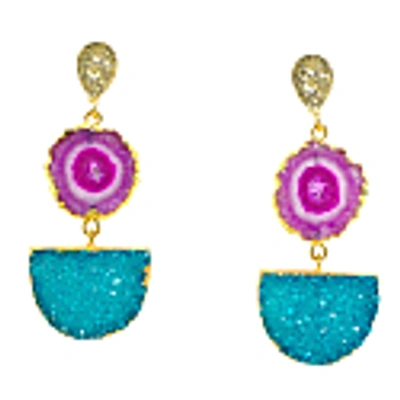 Yaa Yaa London Violet Turquoise Gemstone Gold Statement Earrings In Statement