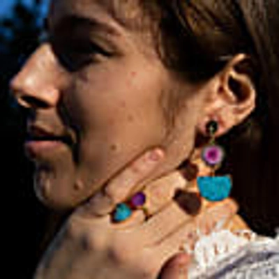 Yaa Yaa London Violet Turquoise Gemstone Gold Statement Earrings In Statement