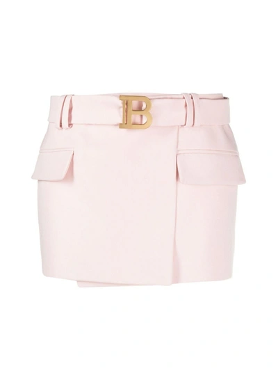 Shop Balmain B Buckle Mini Skirt In Pink