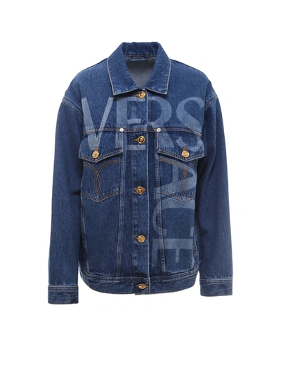 Shop Versace Straight Hem Logo Printed Denim Jacket In Blue