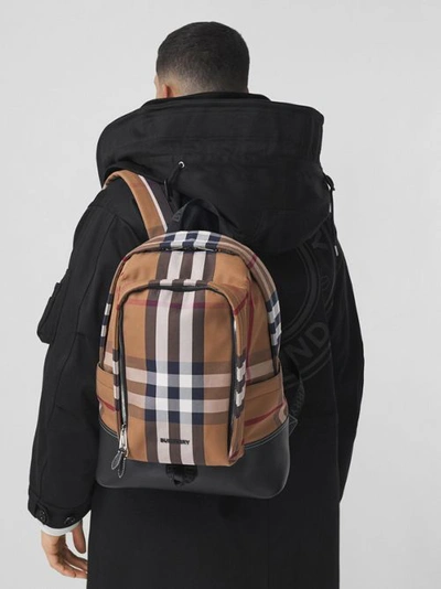 Shop Burberry Large Check Cotton Canvas And Leather Backpack In Birch Brown