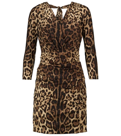 Shop Dolce & Gabbana Leopard-print Silk Charmeuse Minidress In Brown