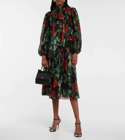 Shop Dolce & Gabbana Floral Silk Crépon Midi Dress In Black