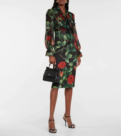 Shop Dolce & Gabbana Floral High-rise Crêpe Midi Skirt In Black