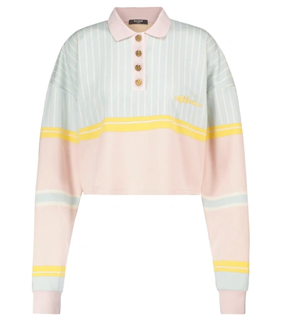 Shop Balmain Striped Cotton Crop Top In Multicoloured