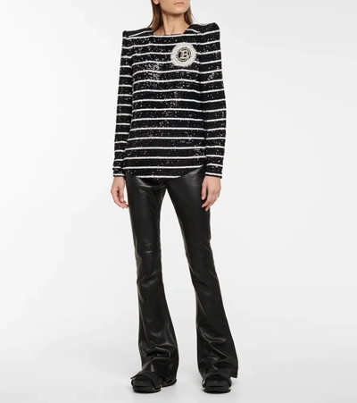 Shop Balmain Striped Sequined Top In Black