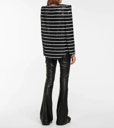 Shop Balmain Striped Sequined Top In Black