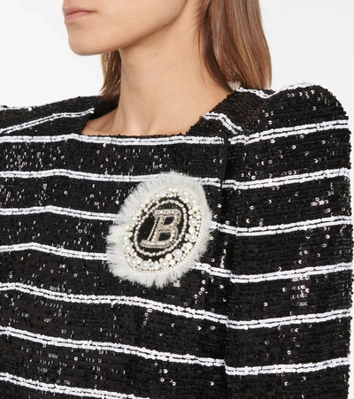 Shop Balmain Striped Sequined Top In Black