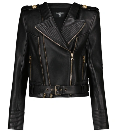 Shop Balmain Leather Biker Jacket In Black