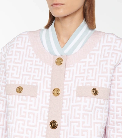 Shop Balmain Monogram Metallic Knit Bomber Jacket In Pink