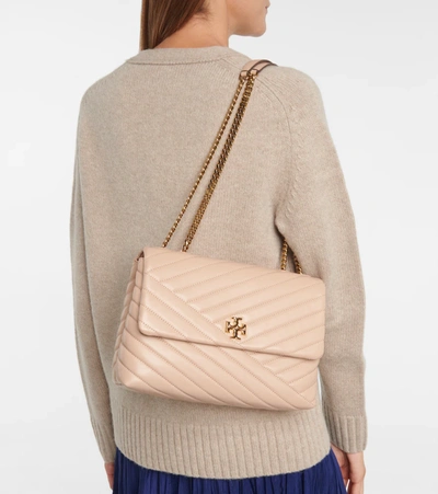 Shop Tory Burch Kira Quilted Leather Shoulder Bag In Beige