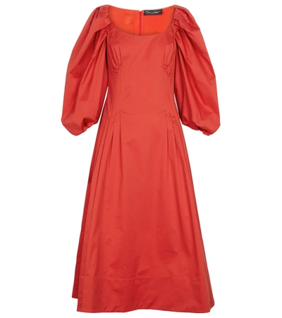 Shop Oscar De La Renta Puff-sleeve Stretch-cotton Dress In Red