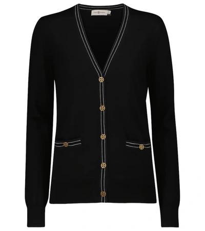 Shop Tory Burch Madeline Wool Cardigan In Black/medium Navy