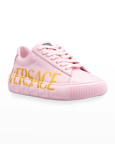 Shop Versace La Greca Logo Sneakers In Pale Pink/gold