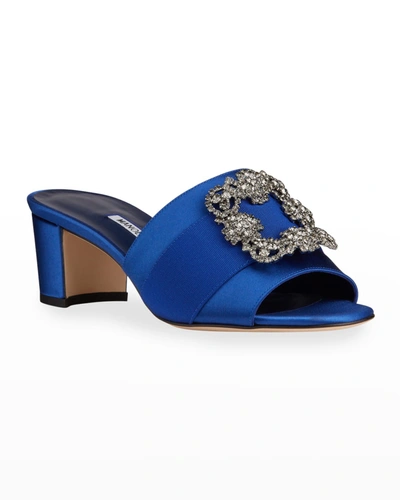 Shop Manolo Blahnik Martanew Satin Crystal-buckle Mule Sandals In Blue