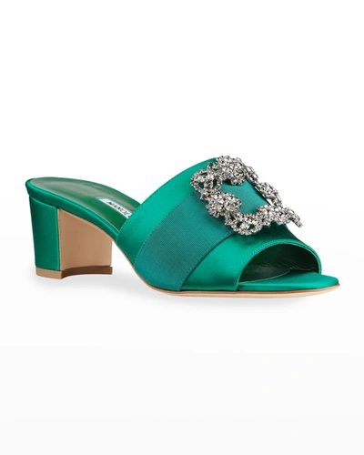 Martanew Satin Crystal-buckle Mule Sandals In Green