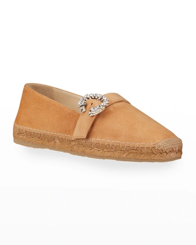 Shop Jimmy Choo Dru Suede Crystal-buckle Espadrille Loafers In Caramel/crystal