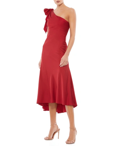 Shop Ieena For Mac Duggal One-shoulder Bow Ruffle Midi Dress In Deep Red