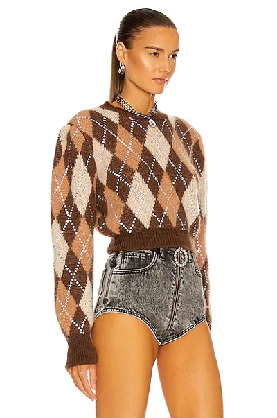 Shop Alessandra Rich Argyle Wool Crystal Cropped Sweater In Brown
