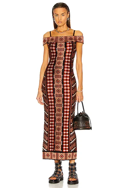 Shop Alaïa Off The Shoulder Sleeveless Fitted Midi Dress In Bois De Rose & Noir